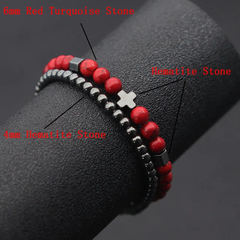 Noter Mann Armband 2 teile/satz 4mm Hämatit Perlen Braclet 6mm Lava Tiger Augen Braslet Homme Vater der Tag brazalete Kreuz Pulseras – Detail 5