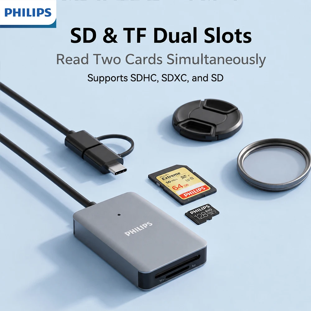 Philips Dual Slot High-Speed USB & Type-C Card Reader with Simultaneous SD/TF Reading
