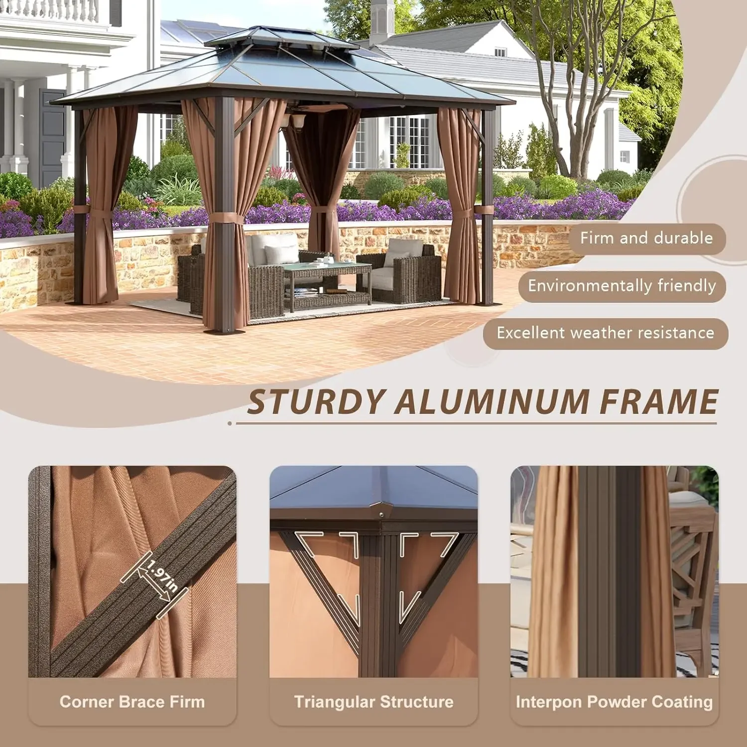 10'x12' Hardtop Gazebo with Netting and Curtains, Outdoor Gazebo with Aluminum Frame, Double Roof Canopy Party Tent for Patio 4