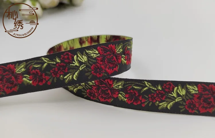 Golden Rose Flower Embroidered Jacquard Ribbon Trim, 10 Yards