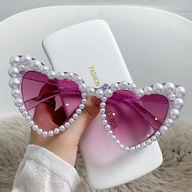

Pink Heart Pearl Sunglasses Europe and America Oversize Sun Glasses Female Outdoor Beach Glasses Shades Eyeglasses Uv400