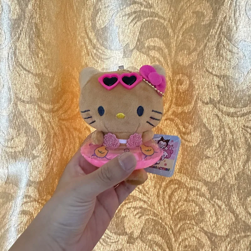 Black Hawaiian Hello Kitty Swim Ring Keychain Plush Toys Kawaii Cartoon Backpack Small Pendant Doll Gifts Girls Kid Holiday Gift