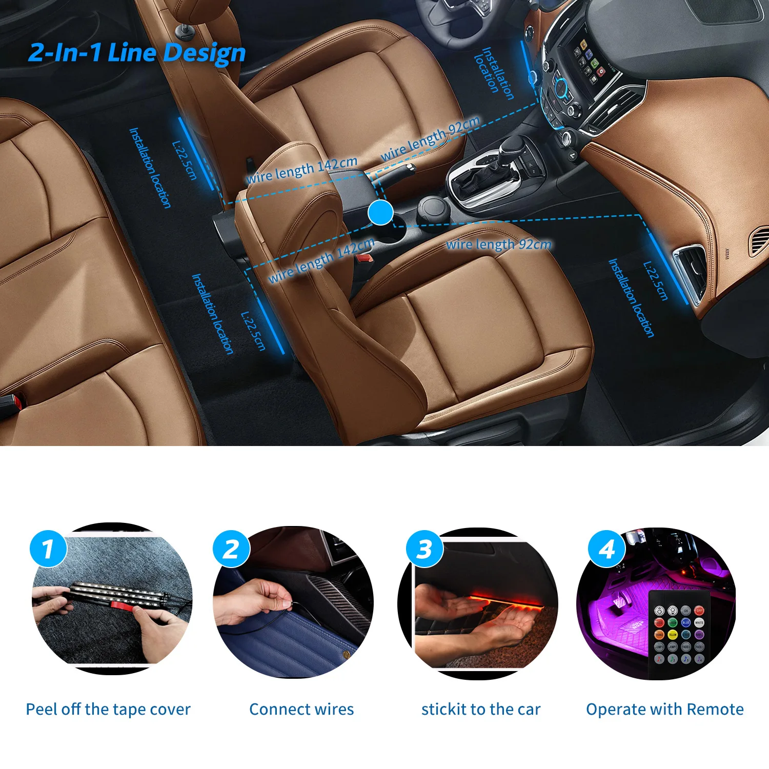 Color-Changing LED Car Interior Ambient Light Kit with Remote and App Control