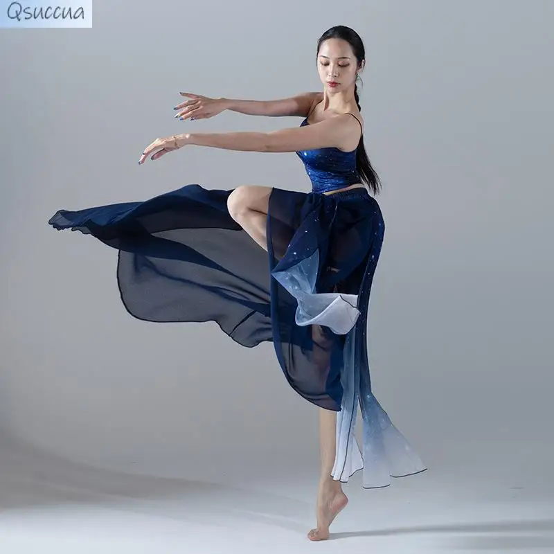 

Classical Dance Dance Costume Suit Starry Sky Gradient Chiffon Women's Printed Camisole Ice Silk Skirt Elegant