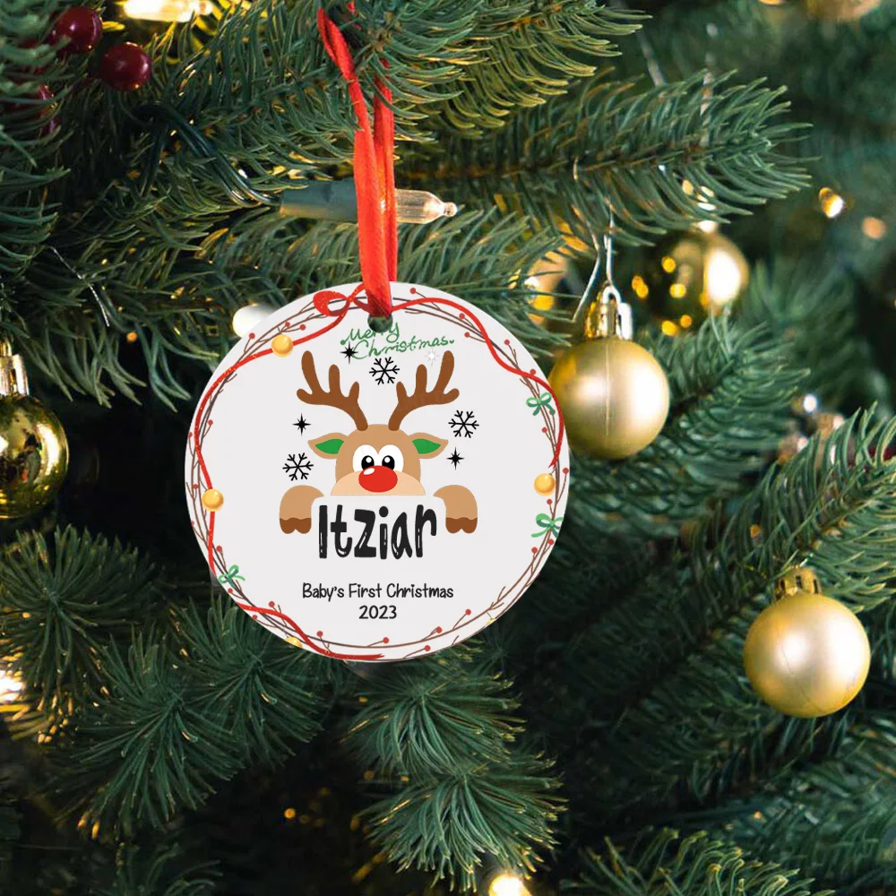 Personalized Christmas Reindeer Wreath Enamel Ornament for Baby with Name Babys First Christmas