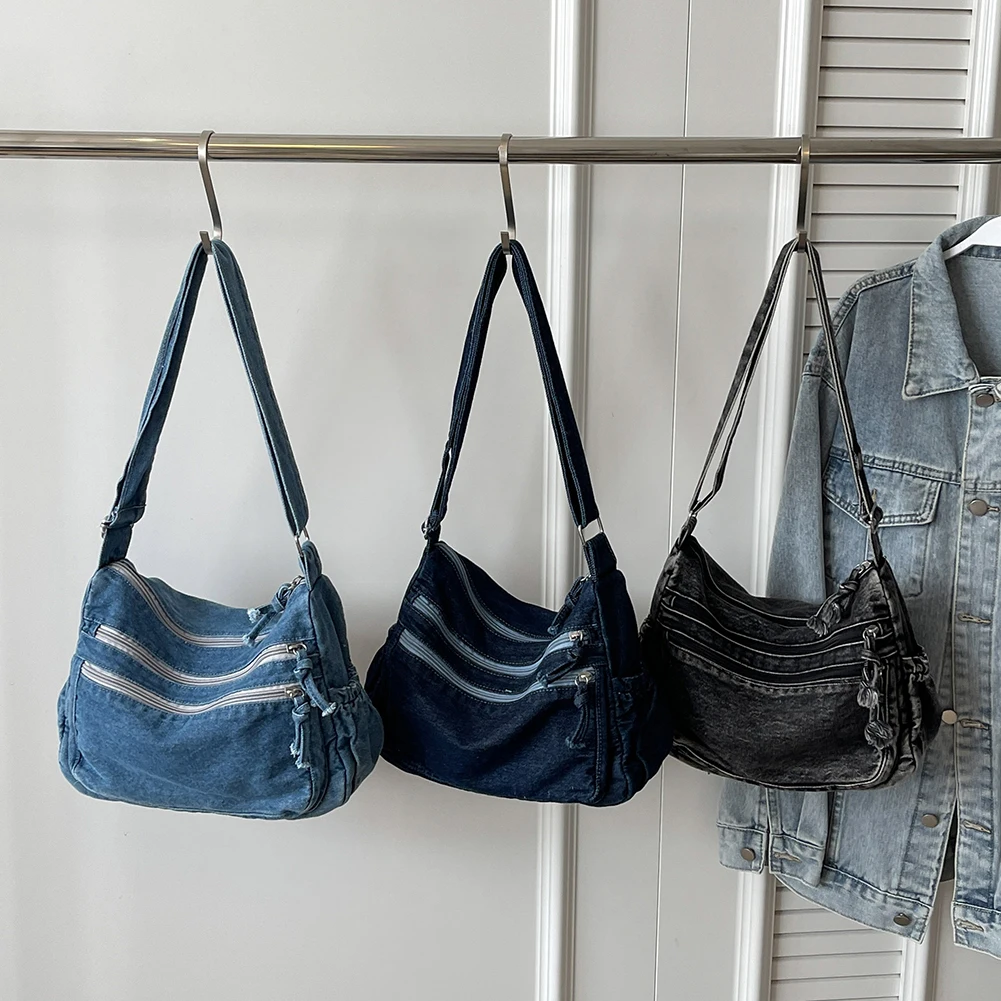 Women Denim Hobo Shoulder Bag Large Capacity Casual Messenger Crossbody Bags Vintage Satchel Bag Multi-pockets Retro Tote Bag