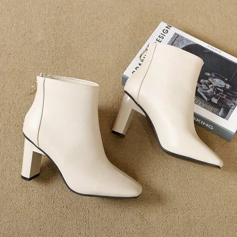 Autumn Winter Women's Fashion Short Boots Solid Color Square Toe High Heels Solid Color Boots Simple Casual High Heel Shoes
