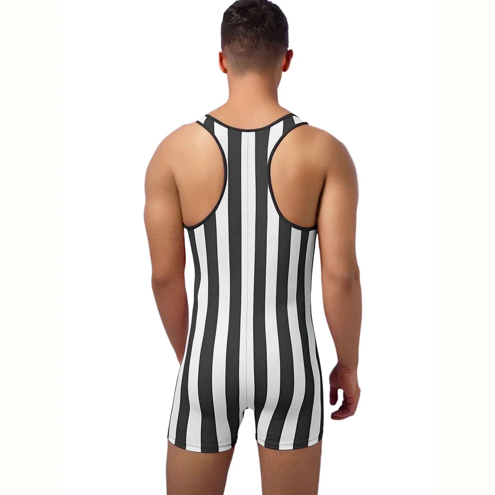 Gestreifter Wrestling-Singlet-Badeanzug für Herren, einteilige sportliche Badebekleidung, schmale Passform, Boxershorts, Rompers, Bodybuilding-Gym-Bodysuit – Detail 12