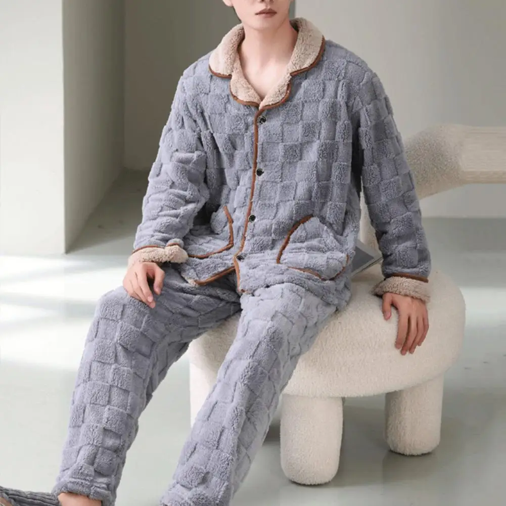 Men Plush Pajamas Set 2 Pcs/Set Winter Loungewear Thick Elastic Waist Pockets Coral Fleece Pants