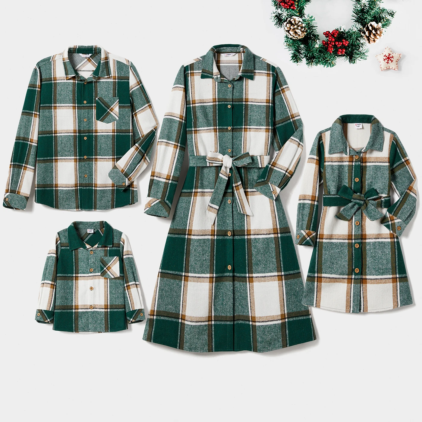 thumbnail image 2 of Conjuntos de blusas de manga larga y vestidos con cinturón con estampado de cuadricula y pata de gallo a juego para toda la familia de Navidad de PatPat, 2 of 5