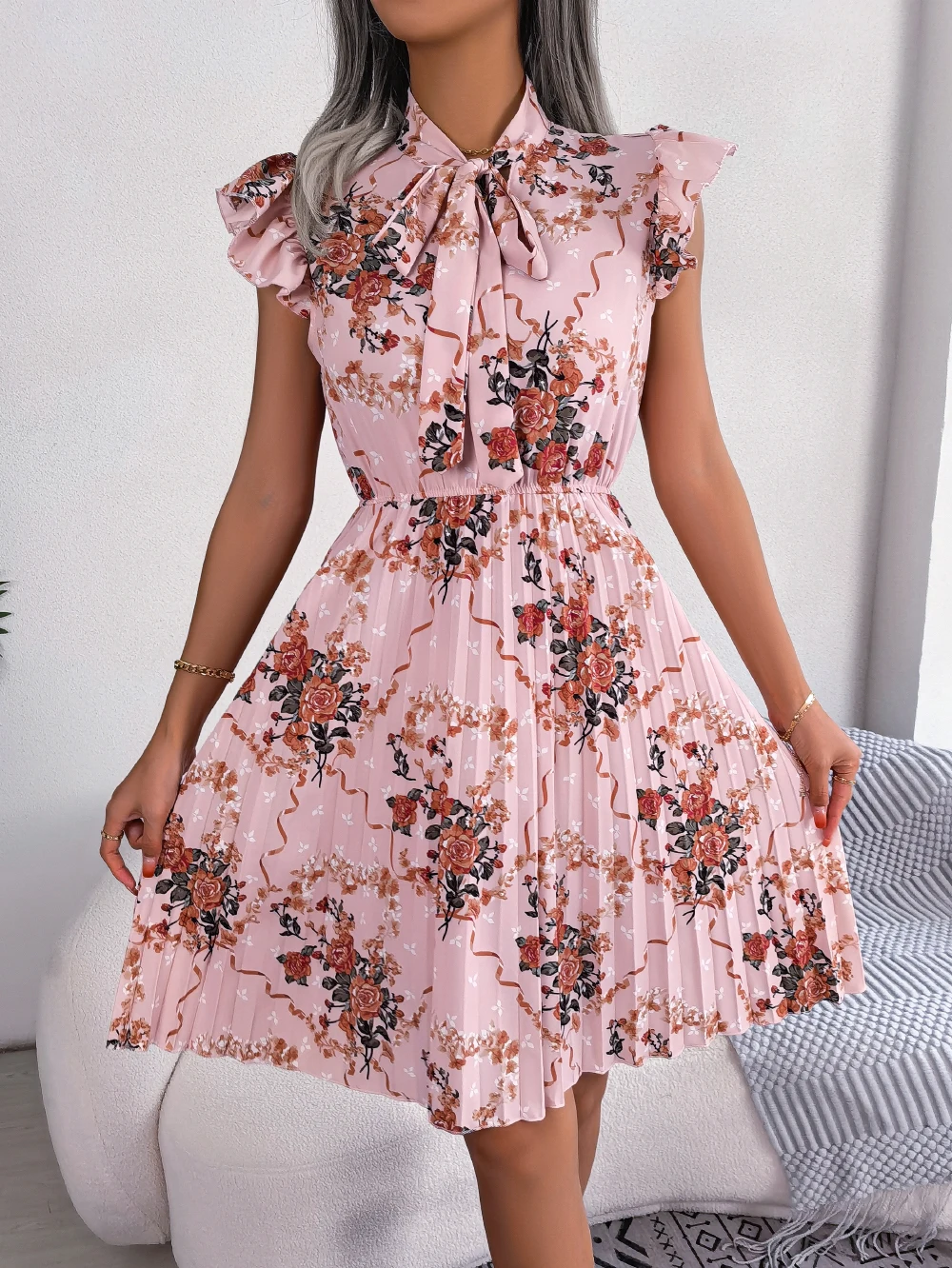 Elegant Floral Print Sleeveless A Line Dress