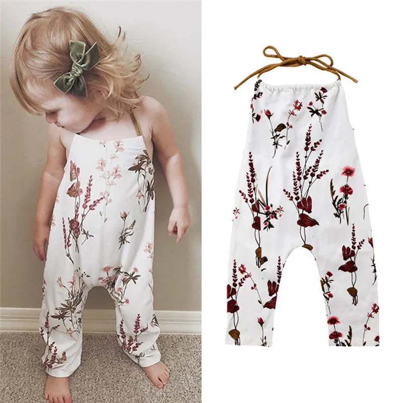 1-5years Baby Girls Flower Print Jumpsuit Summer Strappy Sleeveless Romper For Girls