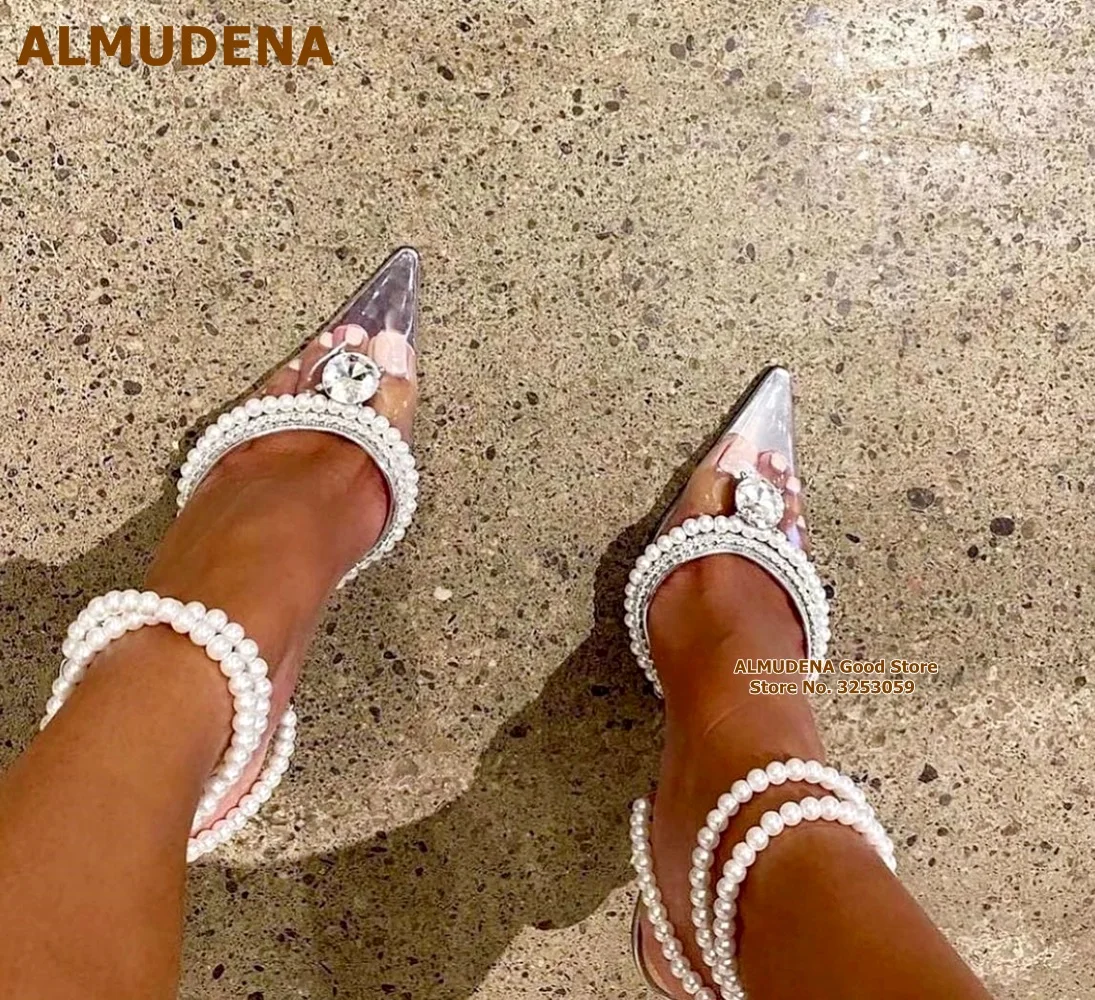 

ALMUDENA Pearl Strap PVC High Heel Shoes String Beaded Fringe Wedding Dress Pumps Transparent Big Gem Banquet Shoes Crystal