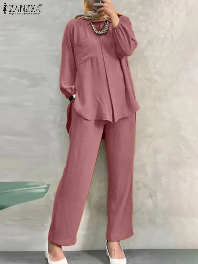 

Spring Long Sleeve Blouse Trousers Suits Casual Solid Dubai Turkey Tracksuit Islamic Cloth ZANZEA Women Vintage Muslim Sets 2PCS