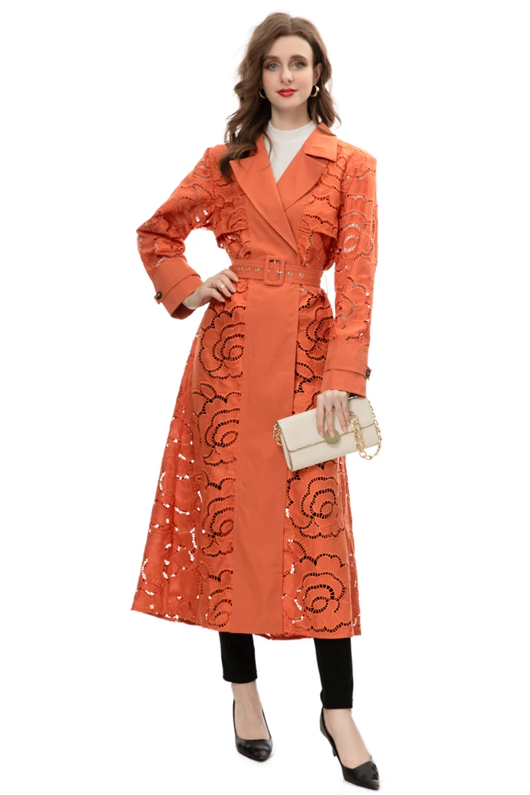 Women's Runway Trench Coats Notched Collar Long Sleeves Embroidery Hollow Out Fashion High Street Lace Up Belt Designer Outerwea