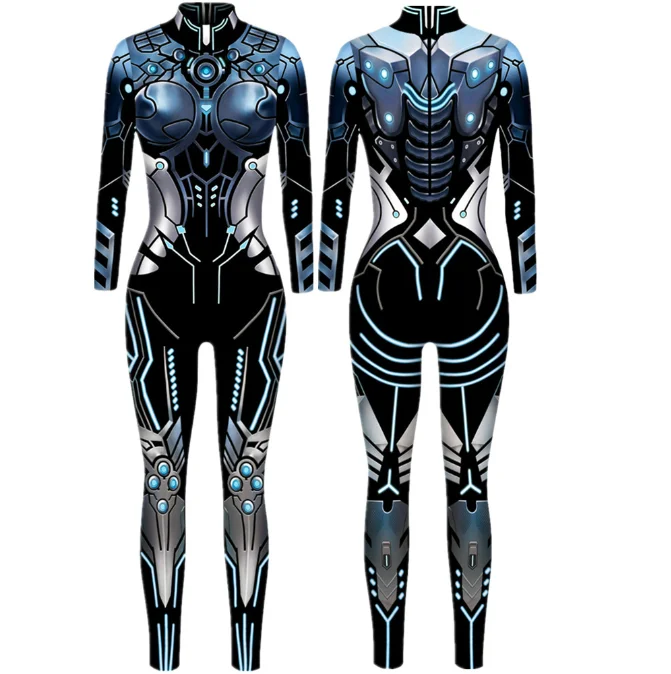 Halloween Robot Jumpsuit Women Steampunk Cosplay Costumes Carnival Party Long Sleeve Bodysuit