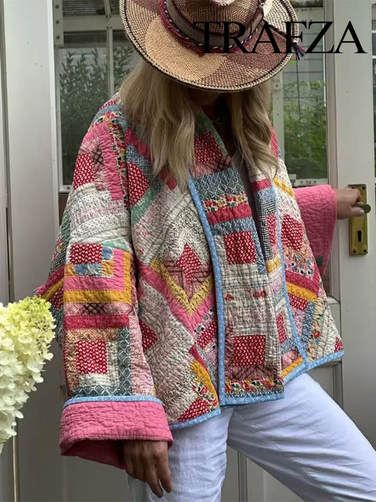 

TRAFZA 2023 Winter Women's Jacket Quilted Ethnic Style Women's Full Sleeve Oversized Pink Geometric Floral Print Lapel Jacket