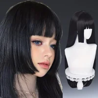 Perruque synthétique noire longue et droite naturelle avec frange, perruque de cosplay Lolita pour femmes, fibre résistante à la chaleur, perruque de fête quotidienne pour femmes 2