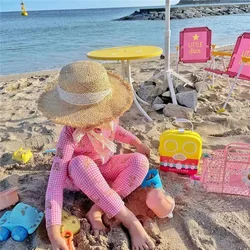 Kids Girls Swimwear Cartoon Bear Plaid Swimsuit with Hat 2023 Summer Korean Long Sleeve Swimming Suit