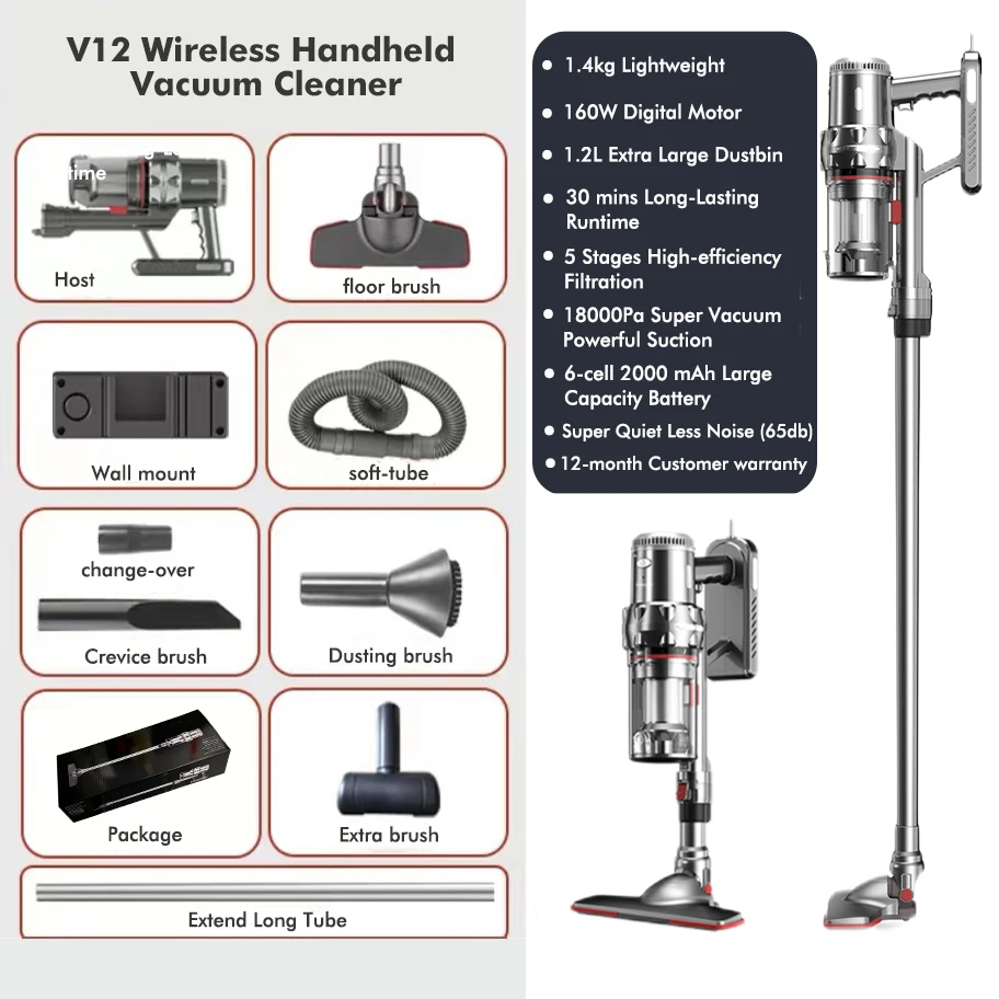 V12 무선 핸드헬드 청소기 180W 10kPa 흡입력 5IN 1봉 스탠드 청소기 다기능 가정용 자동차 진드기 청소기