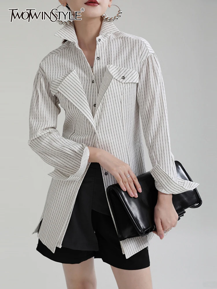 

TWOTWINSTYLE Striped Fake Two Shirts For Women Lapel Long Sleeve Colorblock Single Breasted Blouses Female 2022 Spring Fashion