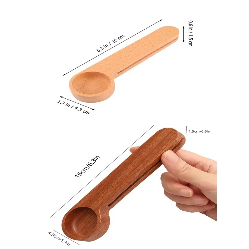 Natural Wooden Coffee Bean Measuring Spoon with Bag Clip 2 in 1 Multifunctional Kitchen Tool for Condiments Sugar Protein Powder