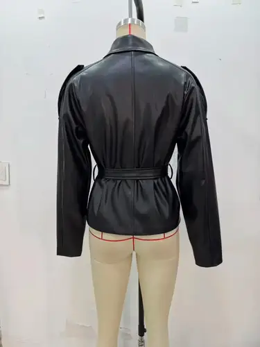 HH Women Spring New Fashion Versatile Imitation Leather Short Windbreaker Coat Female Streetwear Slim Lapel Bow Belt Jacket - Image 5