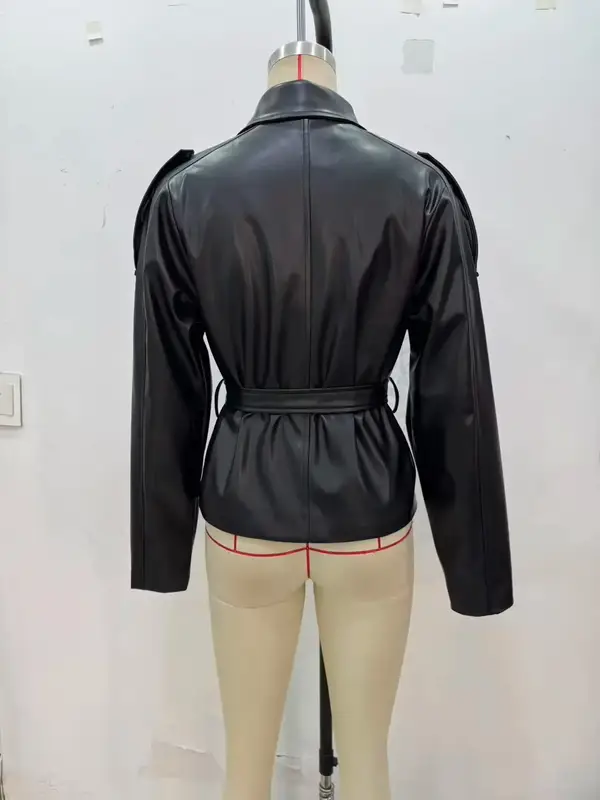 HH Women Spring New Fashion Versatile Imitation Leather Short Windbreaker Coat Female Streetwear Slim Lapel Bow Belt Jacket - Image 5