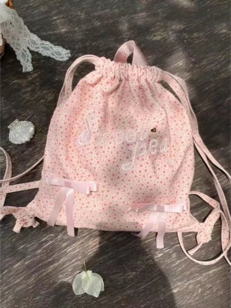 Sweet Girl Flower Bow Embroidery Letters Casual Drawstring Fashion Shoulderbag School Travel Backpack
