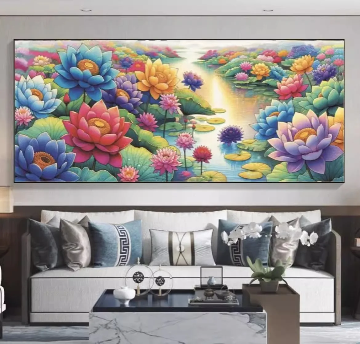 Lotus Embroidery DIY Chinese Style Printed Kits 9ct 220x75cm Cross Stitch Needlework Set Home Decor Crafts