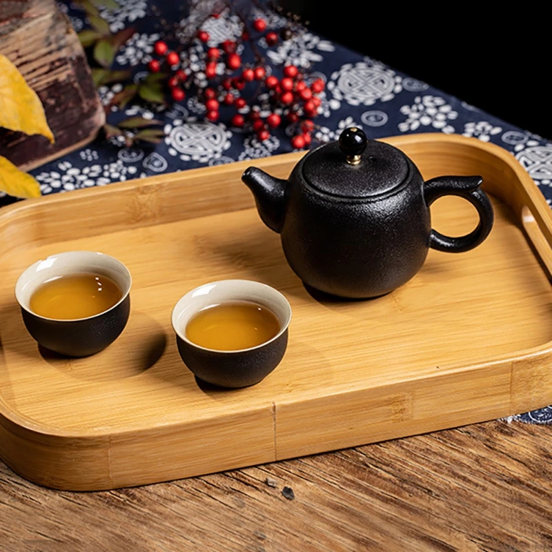 Rectangular Bamboo Wooden Tea Tray Solid Wood Serving Tray With Handle
