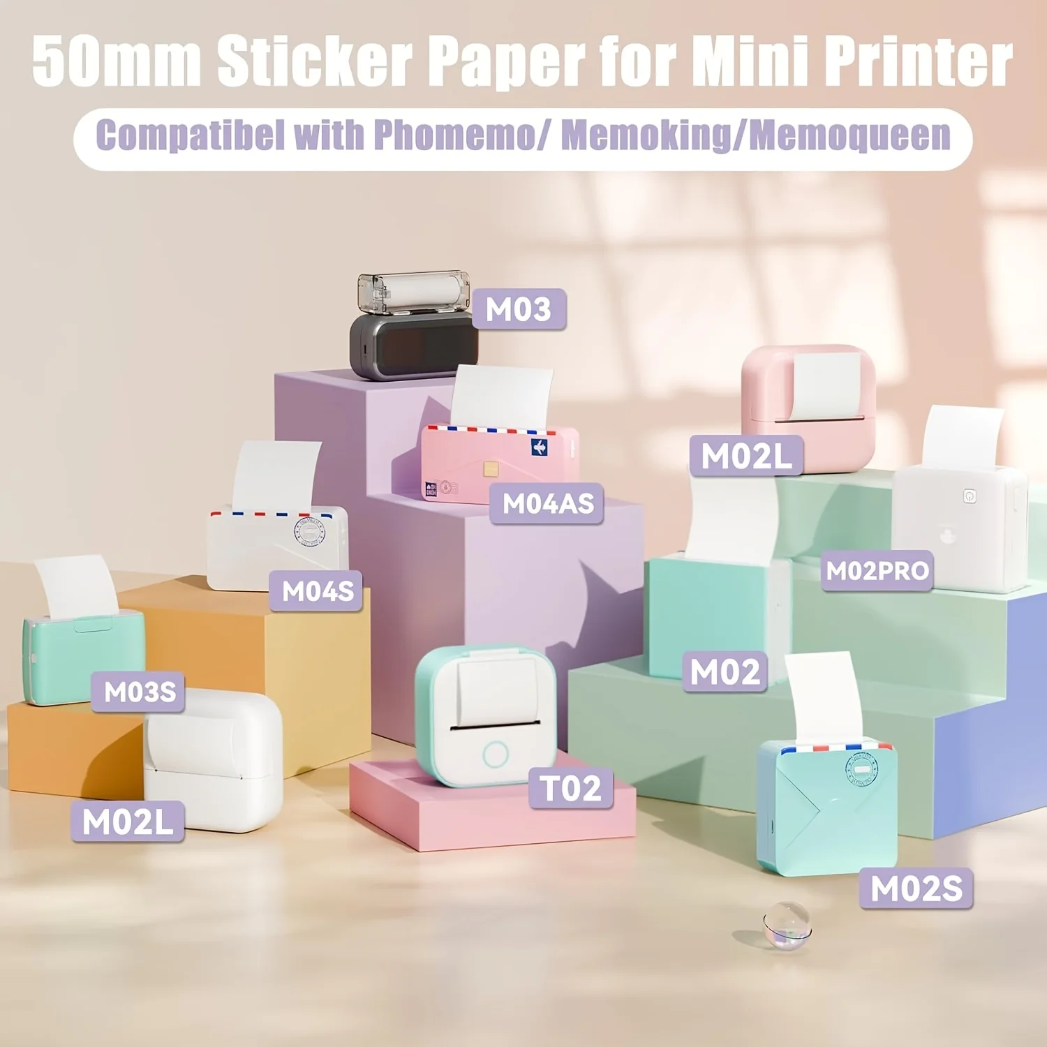 T02/M02X/M02L White Sticker Paper - 3 Rolls of Self-Adhesive Thermal Printer Paper, 53mm x 3.5m, 10 Years Preservation