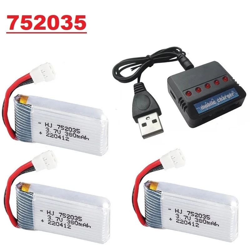 3.7V 380mah Lipo Battery 752035 Battery and Charger Combination For Hubsan X4 H107 H107L H107D JD385 JD388 RC Drone Batteries