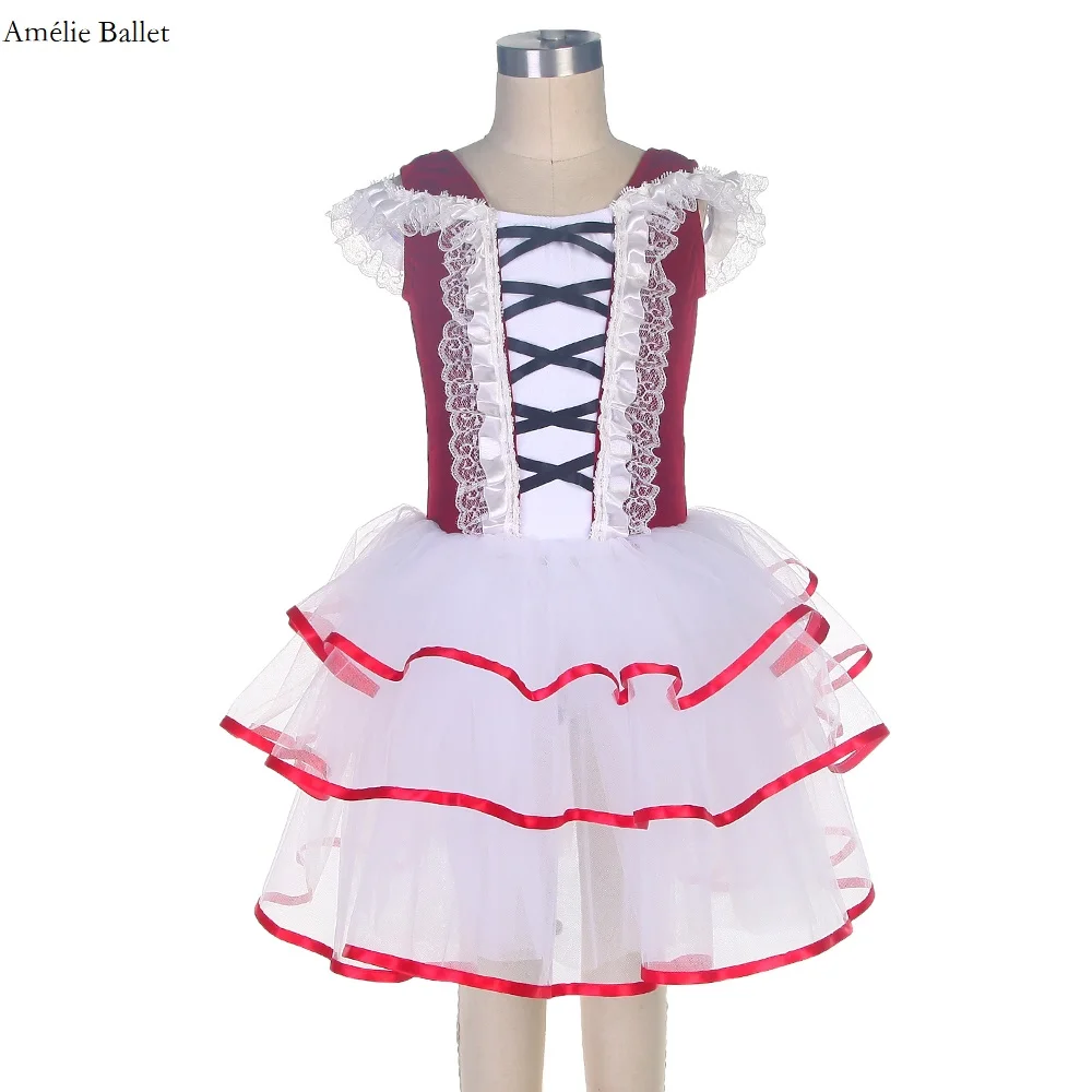 

20532 Red Velvet and White Spandex Bodice with 3 Tiered Romantic Tutu Skirt with Red Ribbon Trim Girls Ballet Dance Costumes