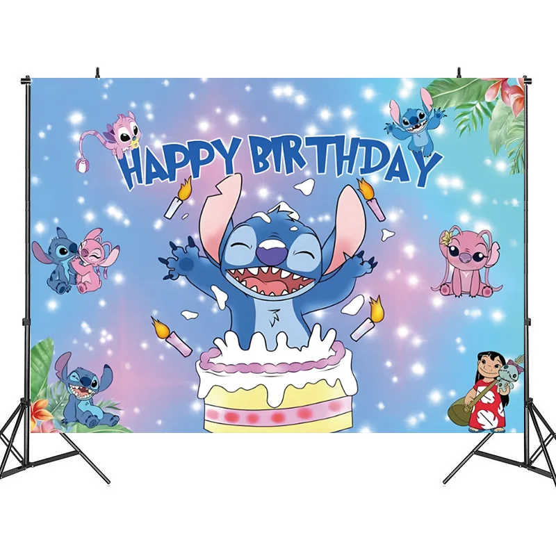 thumbnail image 1 of Fondo de ángel de Lilo y Stitch de Disney, decoraciones personalizables para fiestas de feliz cumpleaños, suministros para fiestas de baby shower, 1 of 5