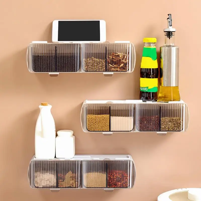

Kitchen Wall Mounted Seasoning Box Grid Spice Rack Multi Purpose Use Punch Free Large Capacity Spice Storage Container Tool