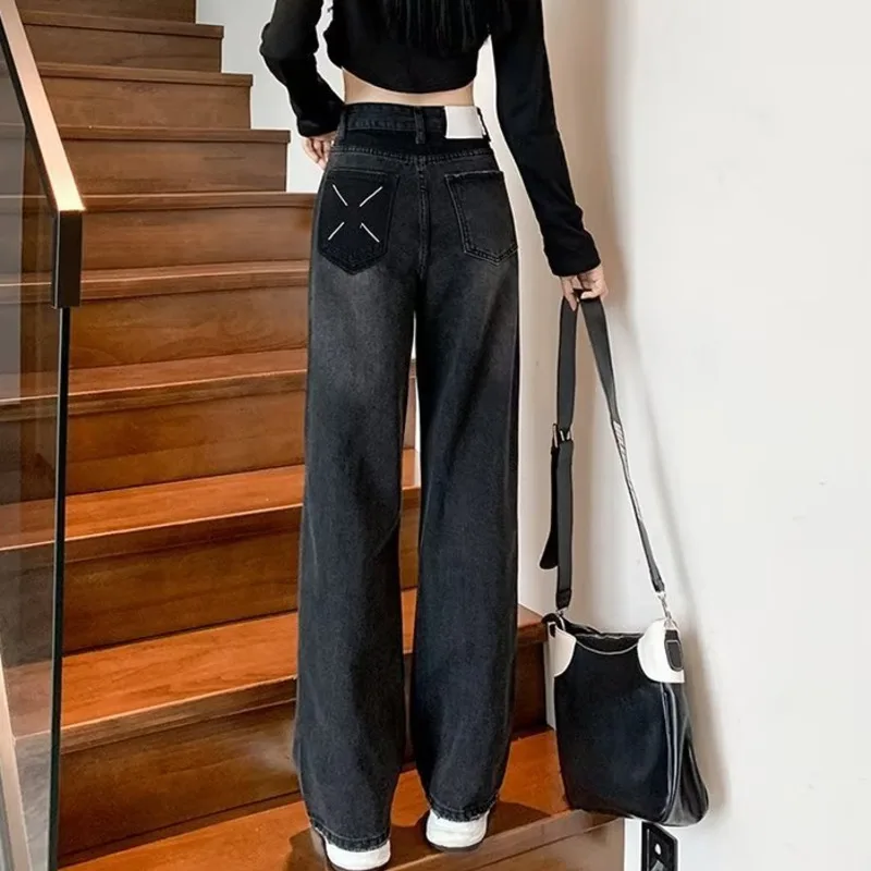 Natural Waist New Button Minimalist Trendy Women's Summer Jeans Ins Wash Long Pants Harajuku Wide Leg Pants Black