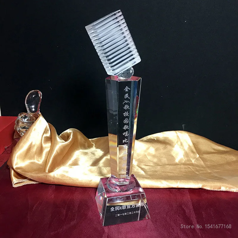 Crystal Trophy with Lettering for Celebration, Creative Microphone, Music and Singing, Host and Song, Celebration Gift