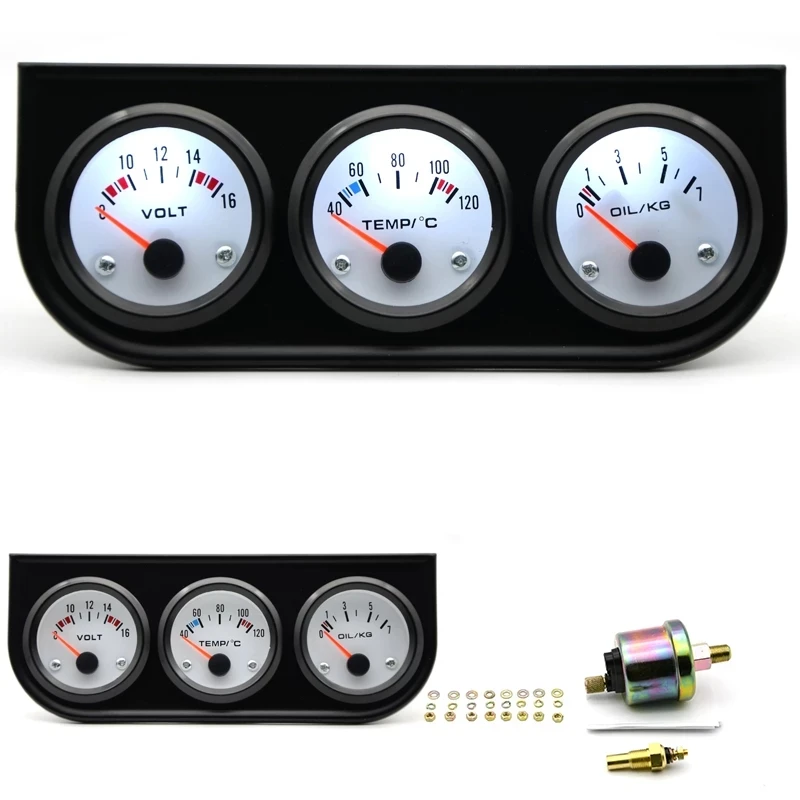 

Water Temp Celsius/Fahrenheit Oil Pressure PSI/KG Volt Gauge 52mm 3 in 1 Triple Gauge Kit Black Bezel White Face With Sensor