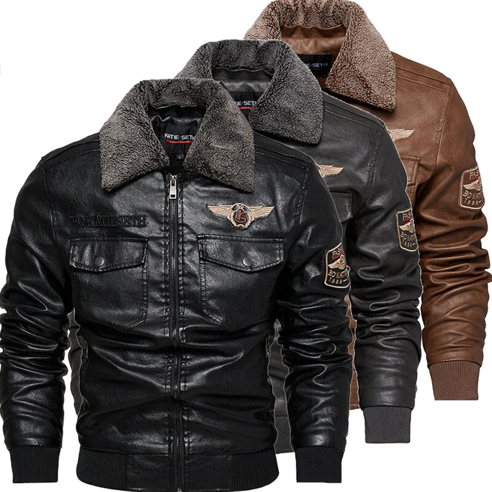 

Fleece Men's PU Leather Patchwork Biker s Casual Zipper Male Motorcycle Jacket Slim Fit Fur Lined Outwear Coat