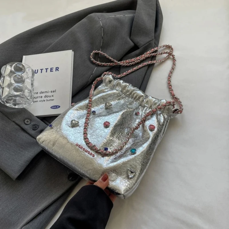 Underarm Bag Korean Version Niche High-end Female 2024 New Colored Diamond Bucket Bag Chain Single Shoulder Bag Garbage Bag