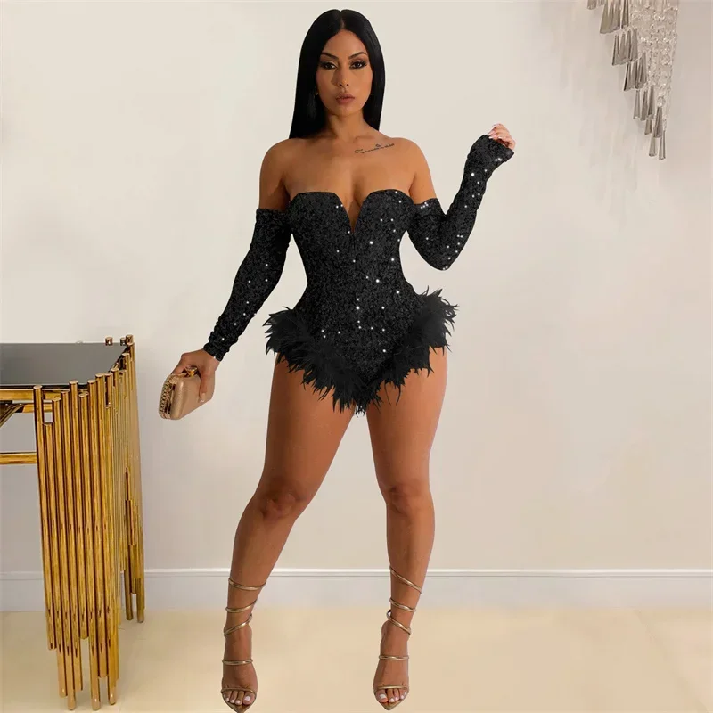 Fashion Sequins Splicing Feather Jumpsuit Women Sexy Backless Long Sleeve Slim Fit Chic Bodysuit Female Party Club Gala Rompers 6