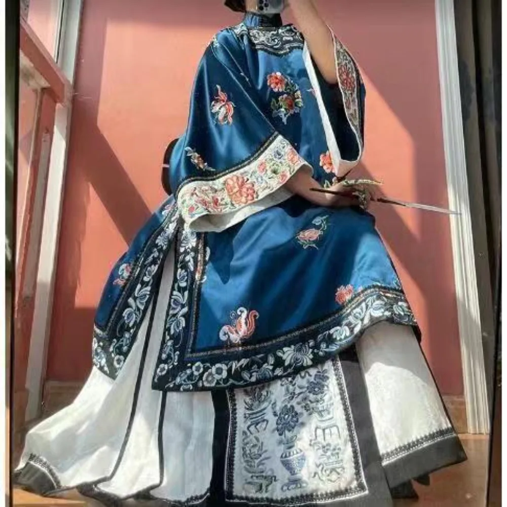 

Oriental Woman Chinese Hanfu Clothing Late Qing Dynasty Cloaks Blue Red Traditional Chinese Top Halloween Costumes for Women