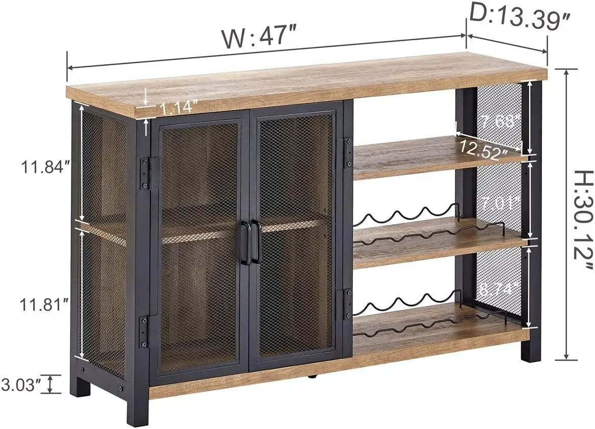 BON AUGURE Industrial Bar Cabinet for Liquor and Glasses, Rustic Wine Cabinet with Doors, Farmhouse Coffee Bar