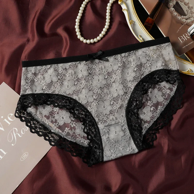 3 Pcs Sexy Lace Panties Seamless Low Waist Ultra-thin Transparent Bow Ladies Briefs Japanese Sweet Girl Panties L-XL