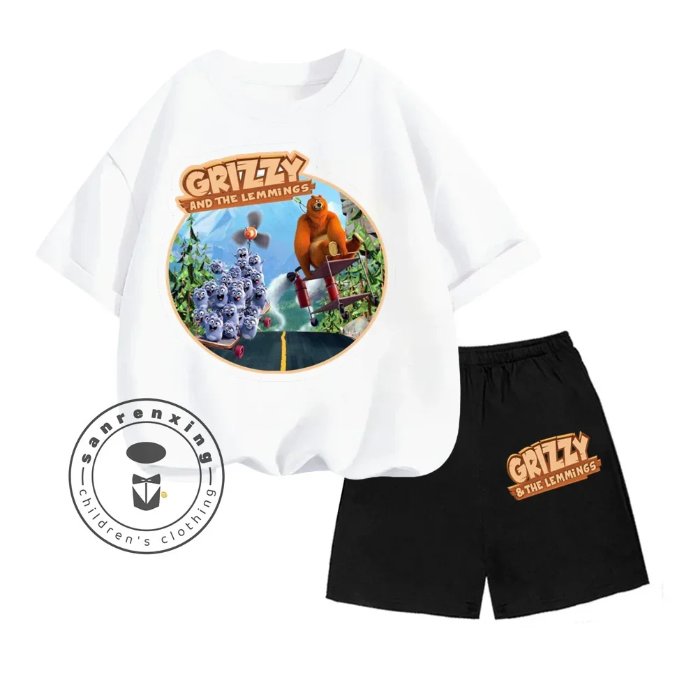 Unique Grizzy the Lemmings Animated Cartoon Print Design O-neck Short Sleeve and Hip Hop Shorts Summer Children Two-piece Set 2