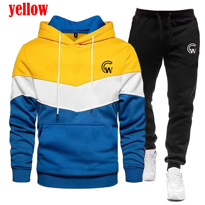 High quality men's sports sweater set three color patchwork hoodie and pants personalized jogging set two-piece set