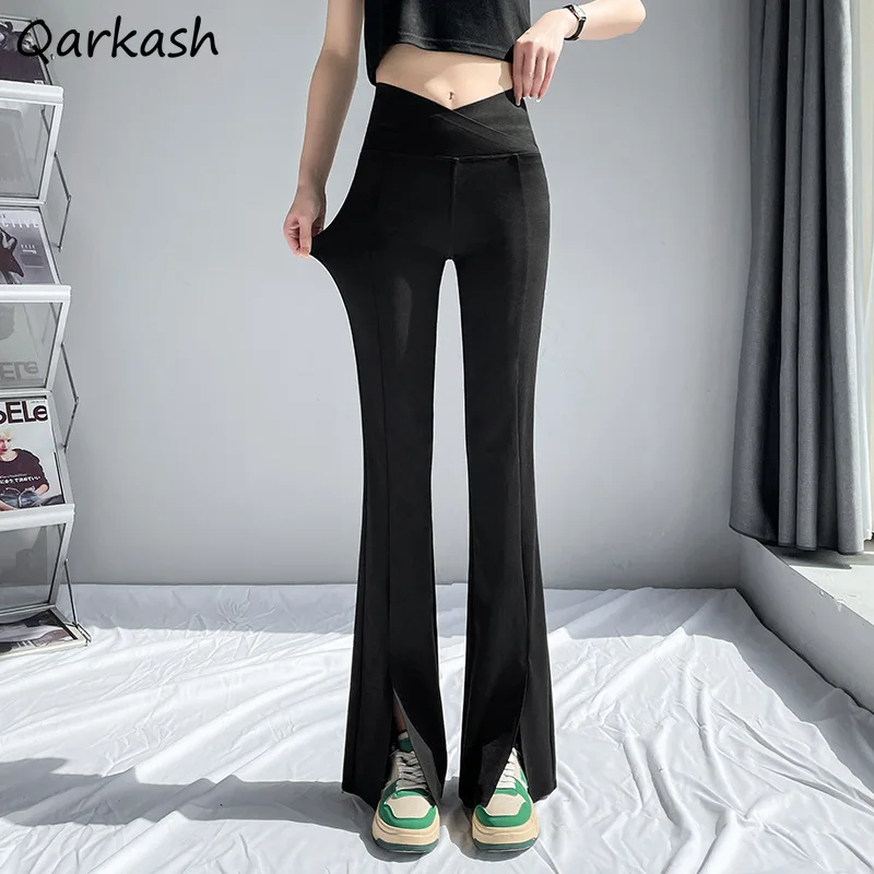 

Casual Flare Pants Split Slender Black Spring Ulzzang Sexy Chic Basic Design Mature Prevalent Брюки Женские Simple Harajuku Cosy