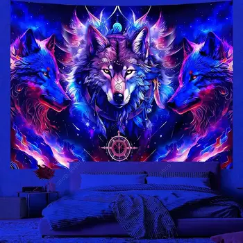 Tapisserie animale loup psychédélique, tapisserie réactive UV, tenture murale, décor de chambre Hippie, couverture de canapé, serviette de plage, cadeau pour ami 1
