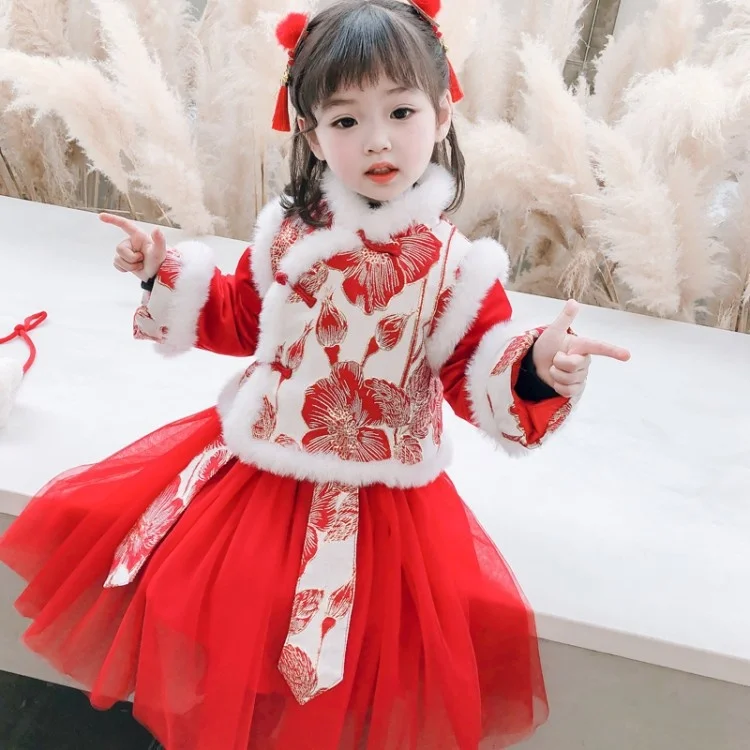 New Year Girl Clothing Dress Princess Dress Lolita Skirt Set Chinese Style Thickened Suit Children's Tang Clothes Winter Clothes